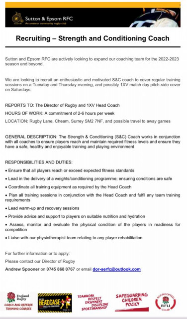 Vacancy - S&C Coach at Sutton & Epsom RFC